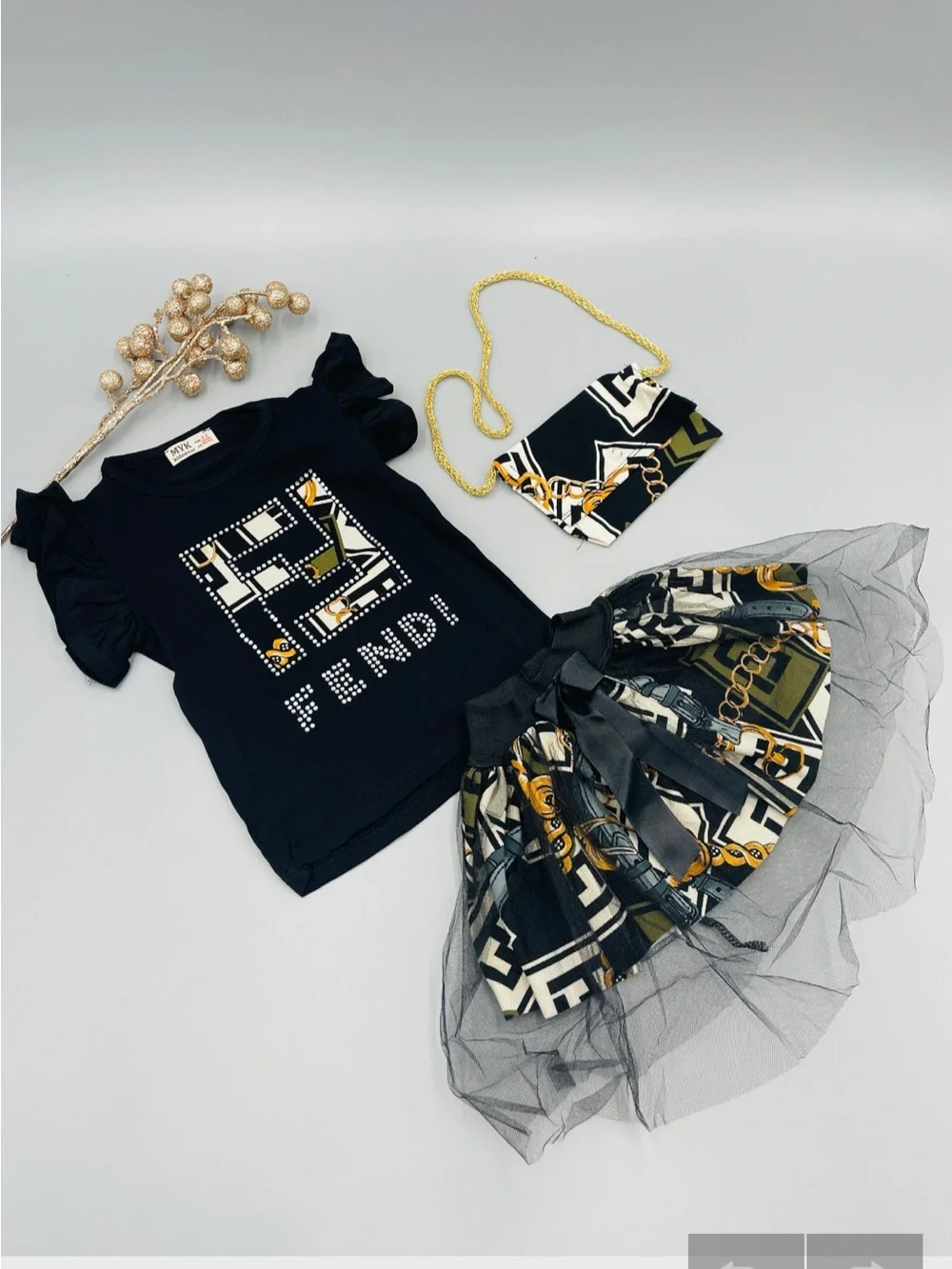 Fendi Black Graphic Tee with Patterned Tulle Skirt & Chain Purse